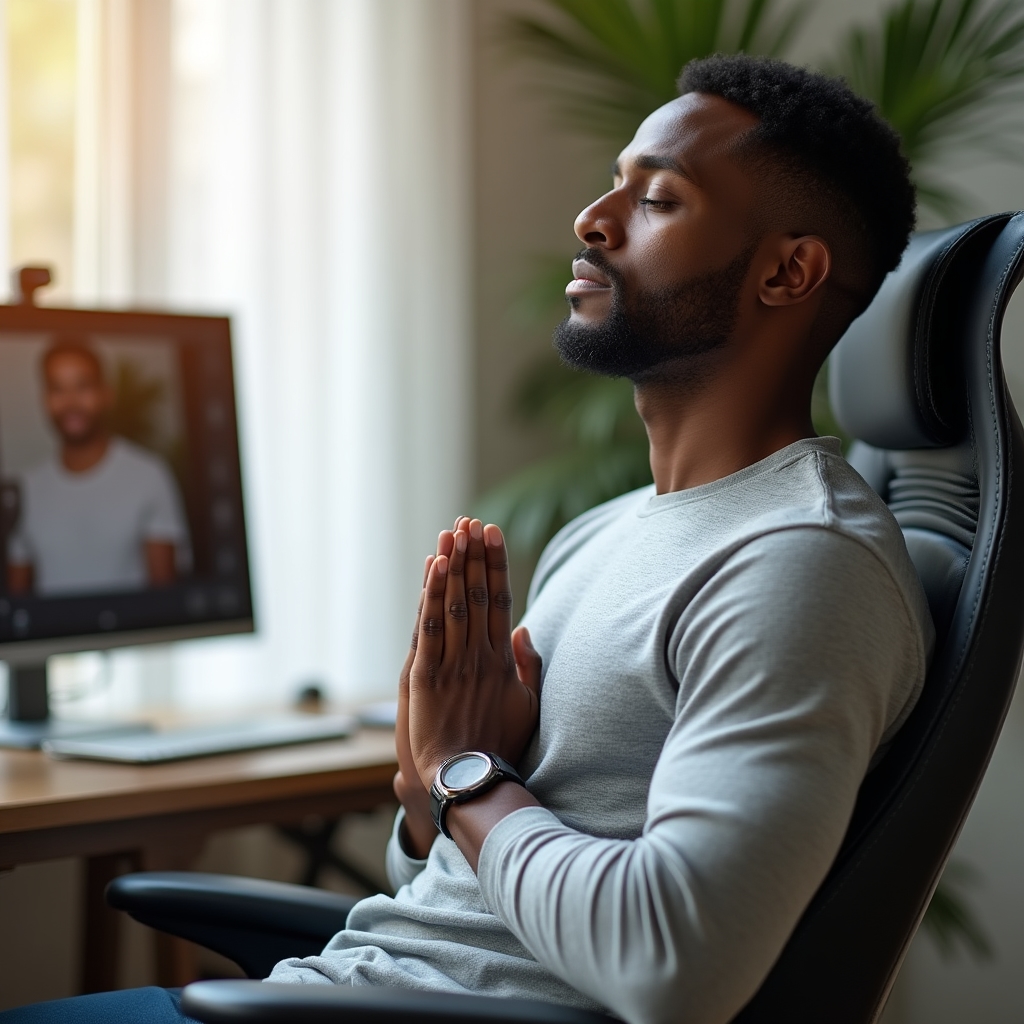 Coach demonstrating breathing techniques during a virtual presentation coaching session