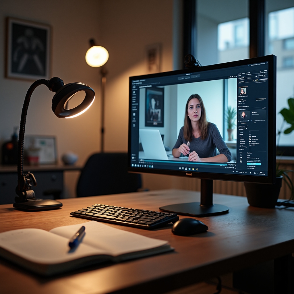 Professional recording and review station with monitor displaying video playback in a clean office environment