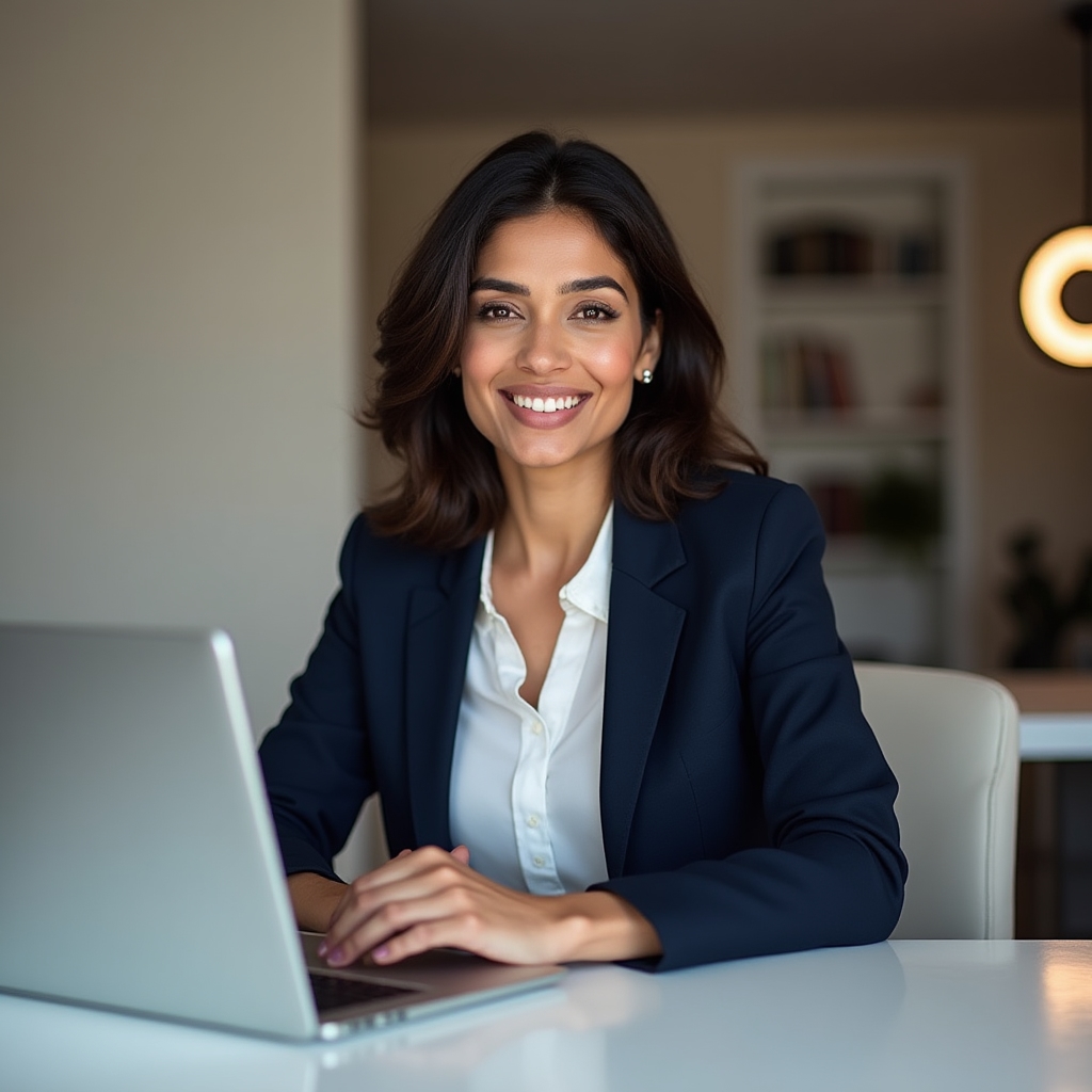 Professional speaking confidently on camera during a virtual coaching session