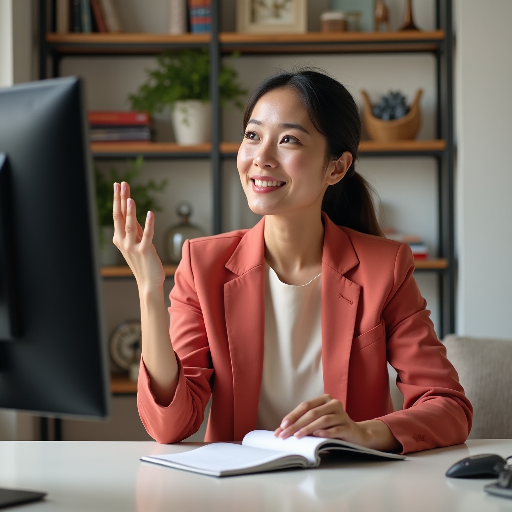 Professional presenter delivering a webinar with improved posture and camera presence